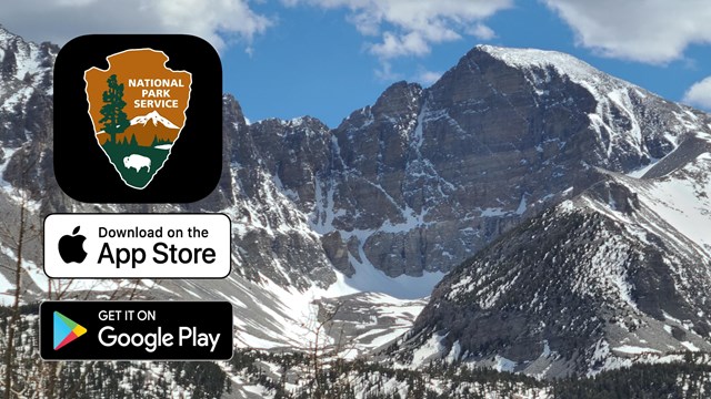 NPS App thumbnail sits above Apple App store and Google play logos next to snowy wheeler peak