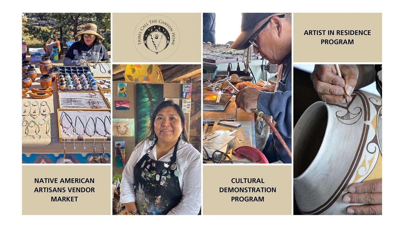 4 photos: a vendor at a table, a painter with paintings, jeweler with blow torch, painting a pot. 