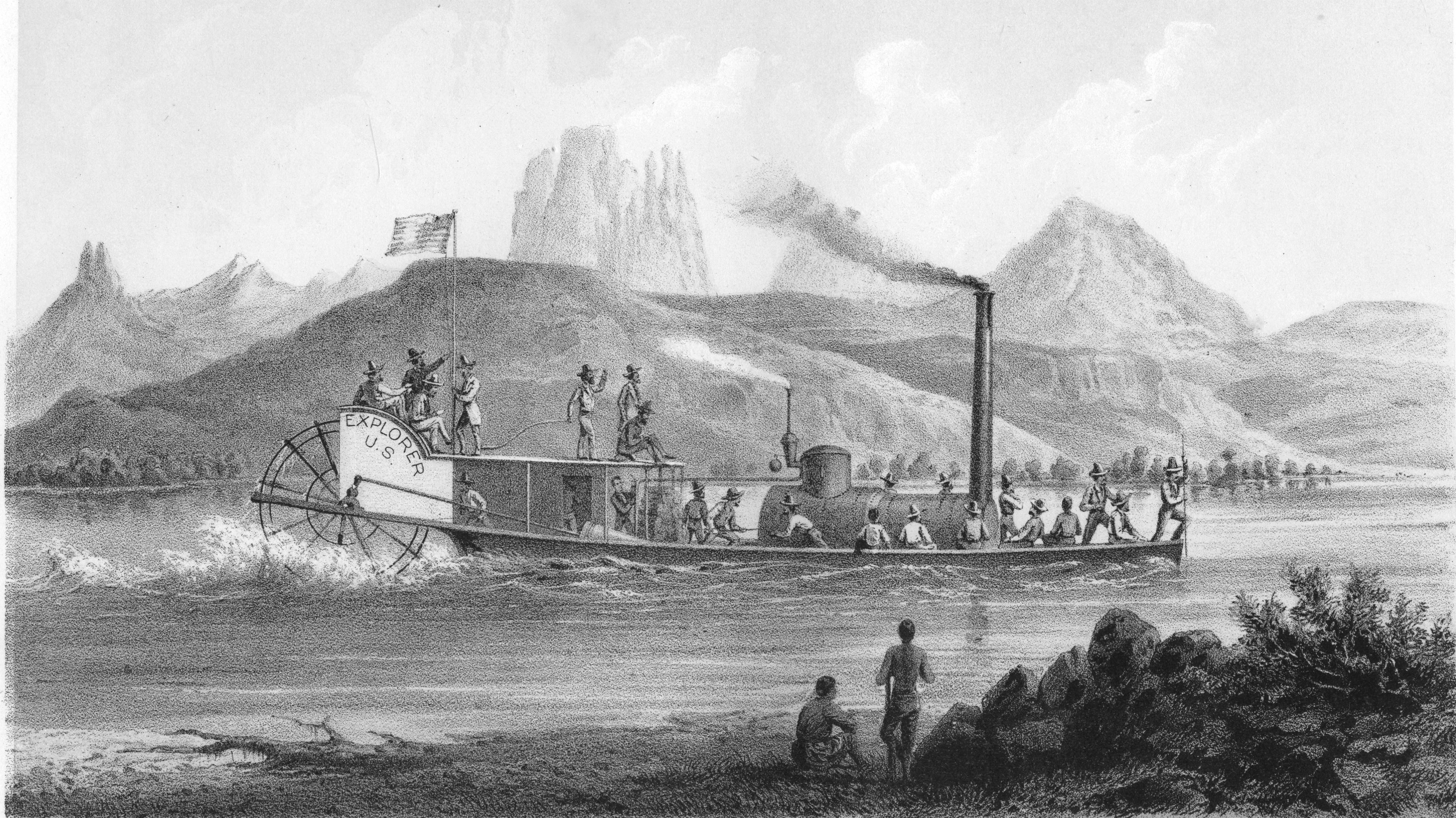 A black and white sketch of a steamboat.
