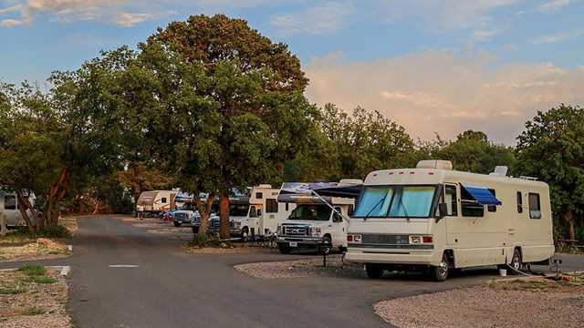 a row of 6 recreational vehicles each parked on a pull-through pad in a campground. 