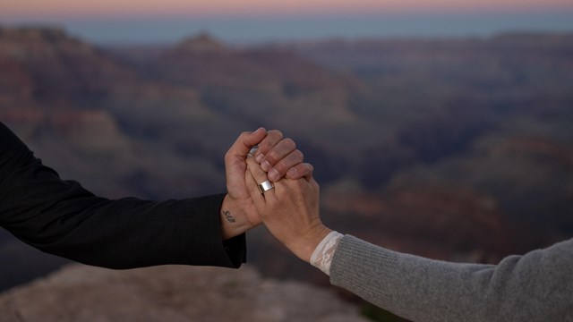 Two holding hands during a wedding ceremony with the canyon in the background.
