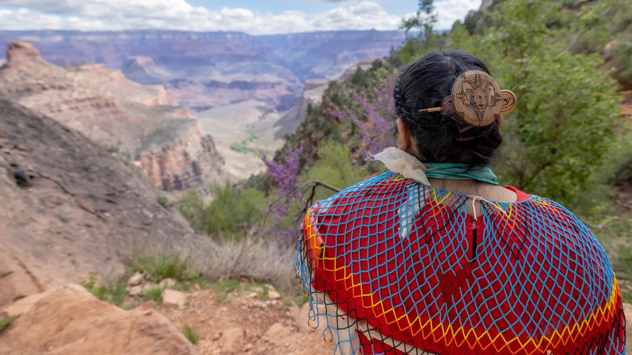 A woman dressed in a colorful, beaded shawl of her tribe's traditional wear looks over the canyon. 