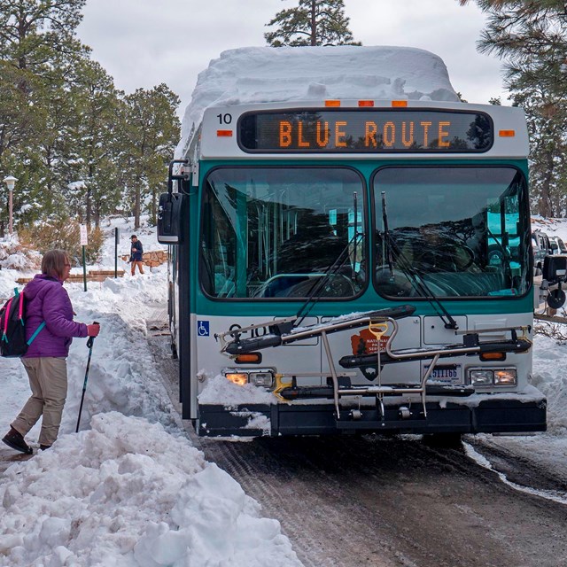 Surrounded by snow, a green and white bus boarding passengers at a bus stop 