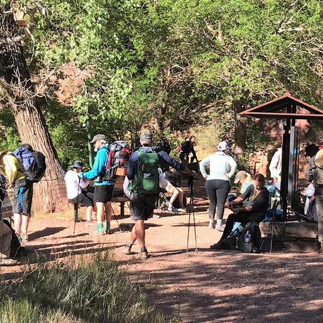 A large group gathers at a rest area and are donning hiking attire. 