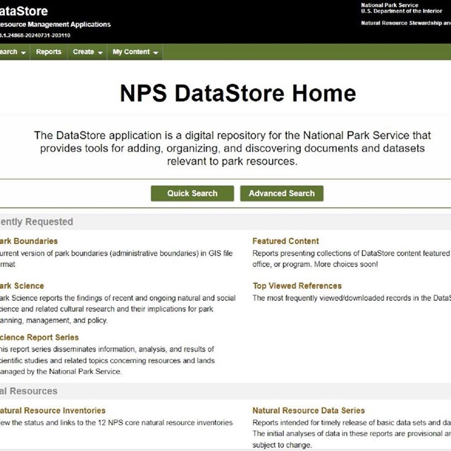 The homepage of the NPS Data Store