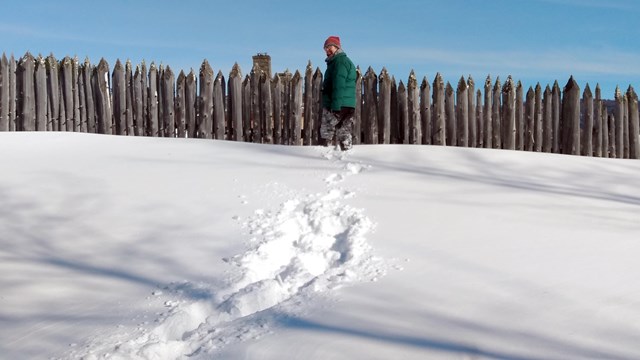 A snowshoer wearing a green jacket and red hat looks back at tracks in the snow.