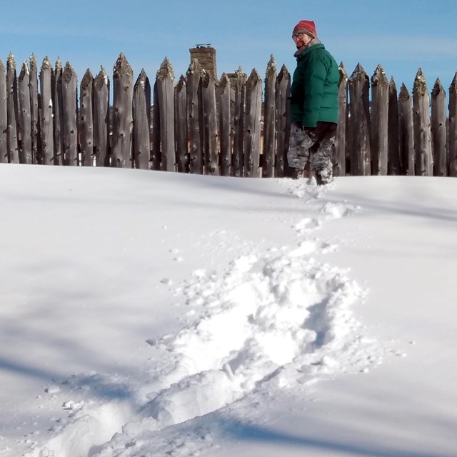 A snowshoer wearing a green jacket and red hat looks back at tracks in the snow.