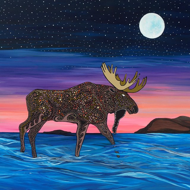 A painting of a stylized moose standing in water with a pink and blue sky and full moon.