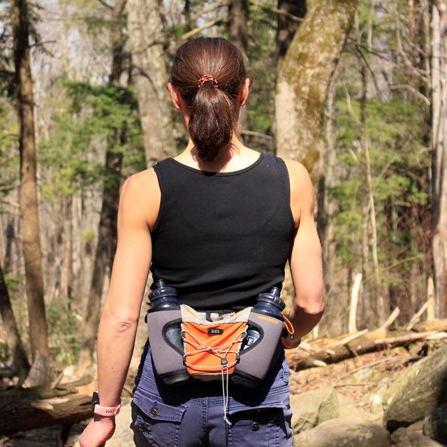 The back of a person walking on a trail.