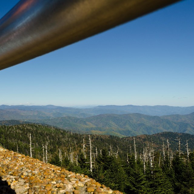 Mountains stretch to the far horizon in the view from the observation tower at Clingmans Dome.
