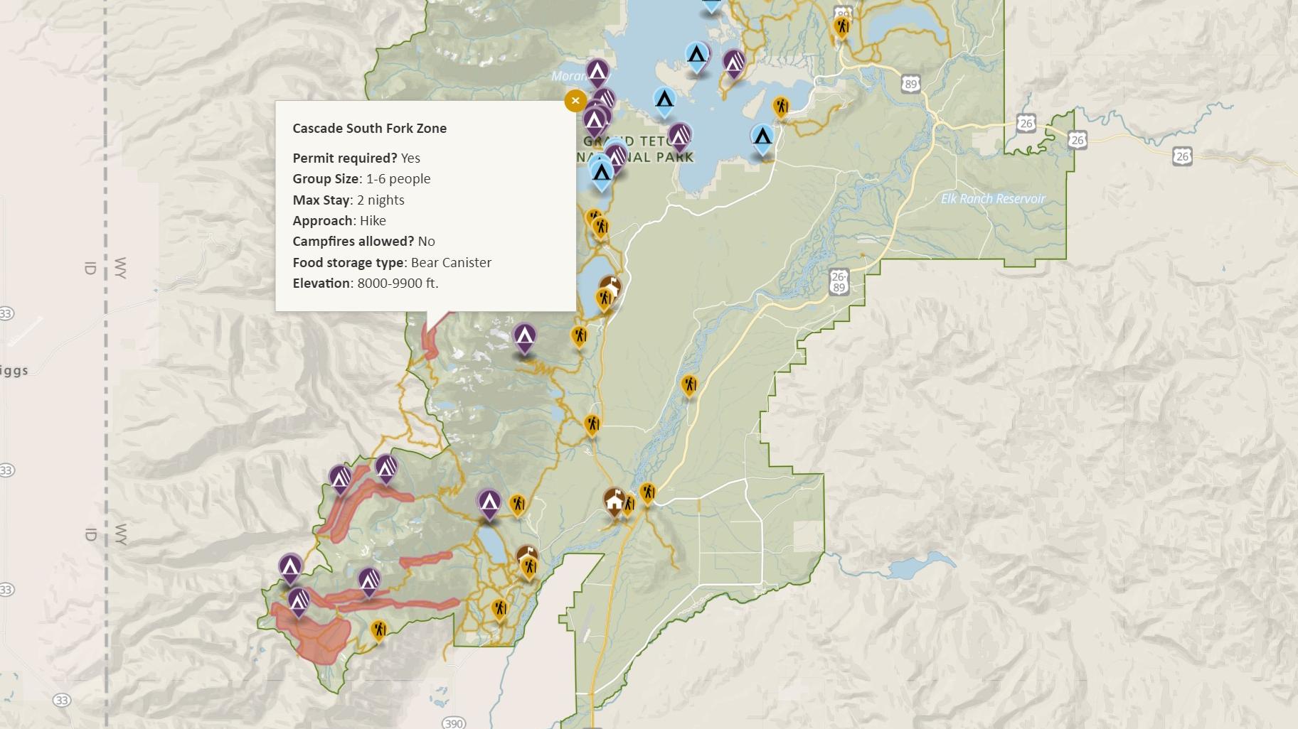 Screenshot of a map showing the camping zones and sites