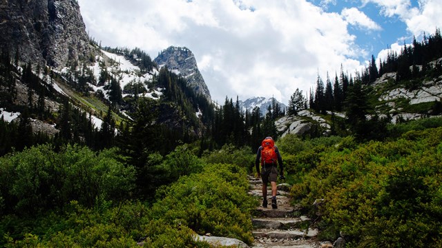 A hiker walks up a trail in a mountain canyon.