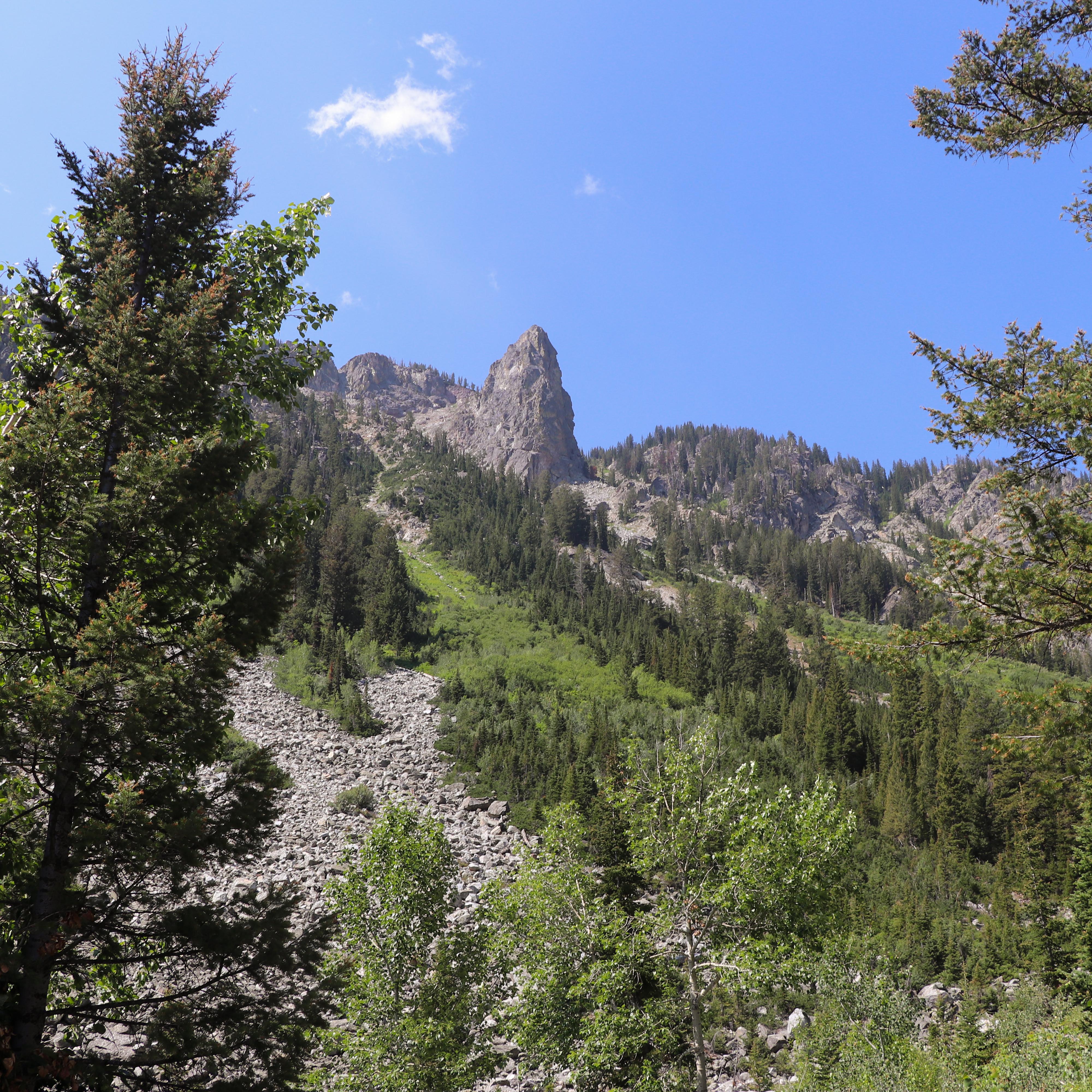 A rock pinnacle towers above at the top of a slope covered in boulders and green vegetation.