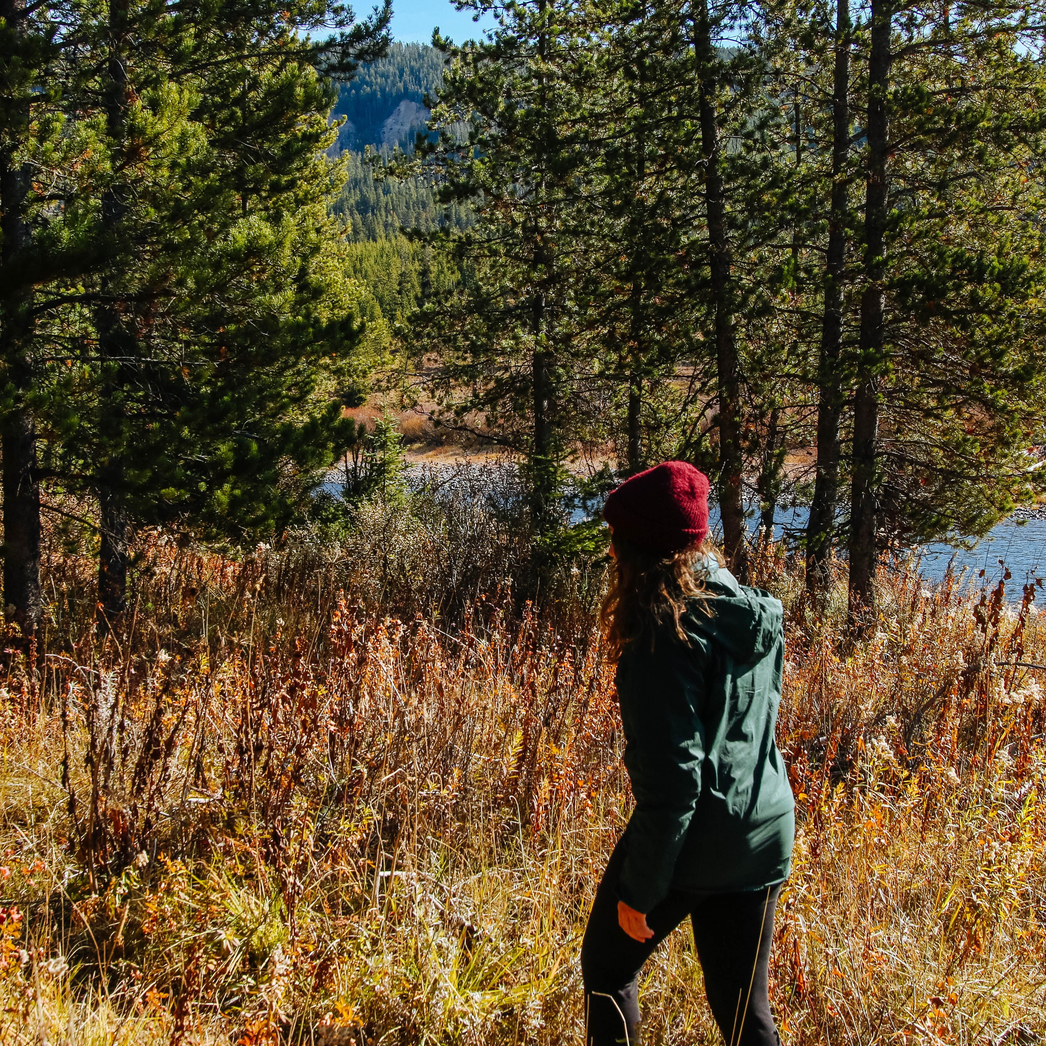 A hiker walks down a trail by a river.