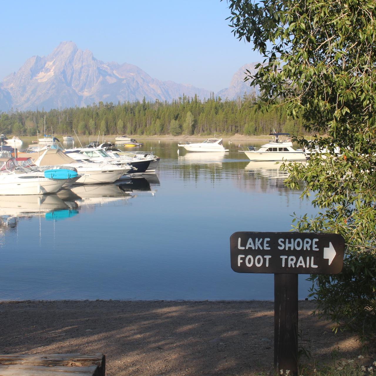 Boats in a marina with mountains in the background.