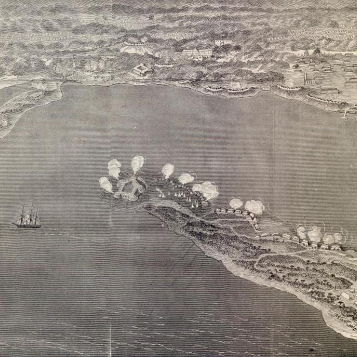 Historic engraving showing a bird's eye view of a bombardment between forts.