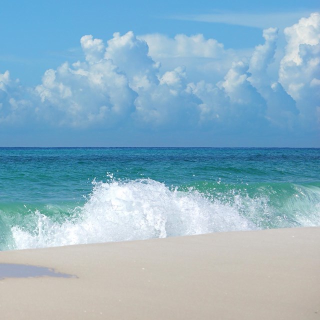 The sun peaks over white sand dunes.