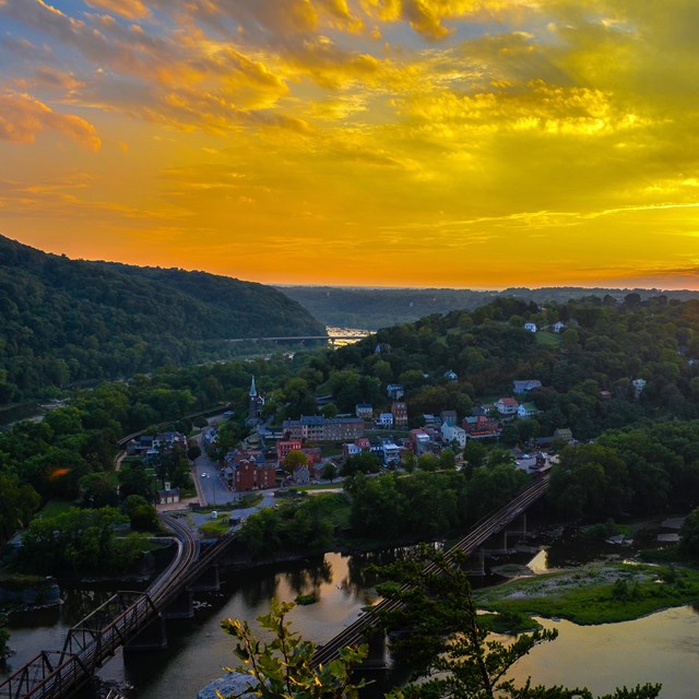 View at sunset of Lower Town Harpers Ferry from Maryland Heights overlook