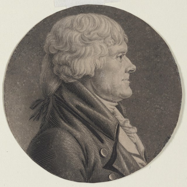 engraving of Thomas Jefferson, head and shoulders, facing right