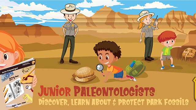 Illustration of kids and rangers looking for fossils