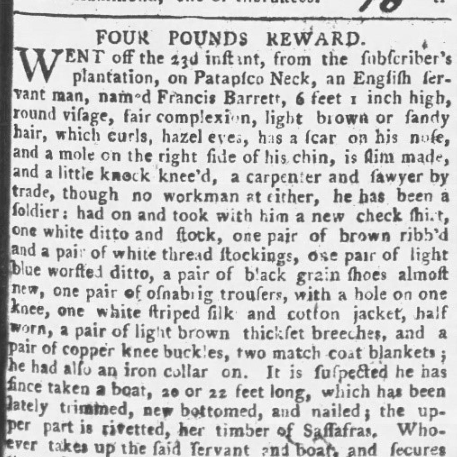 An ad in a newspaper for indentured servants seeking their freedom.