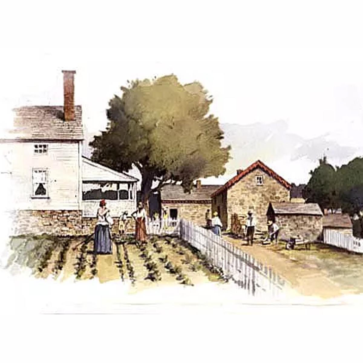 Enslaved workers working on the plantation farm by the overseer's house and quarters of the enslaved