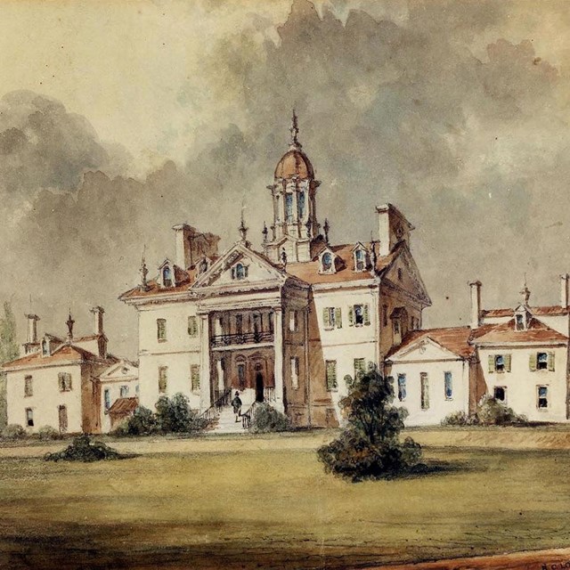 A watercolor painting of Hampton Hall