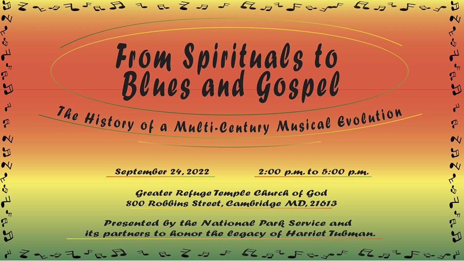 From Spirituals To Blues and Gospel  with red, green, black, and yellow gradient in background. 