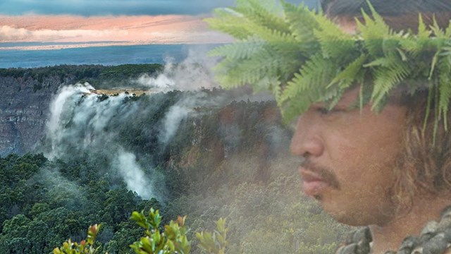A photoshopped image of a steaming crater wall with a Native Hawaiian wearing a lei of ferns.