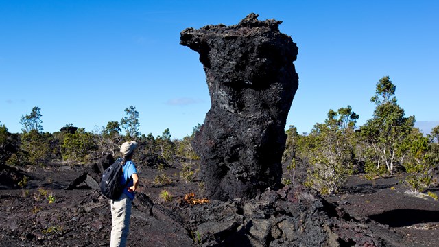 A piece of lava rock protruding from the ground with a person looking at it