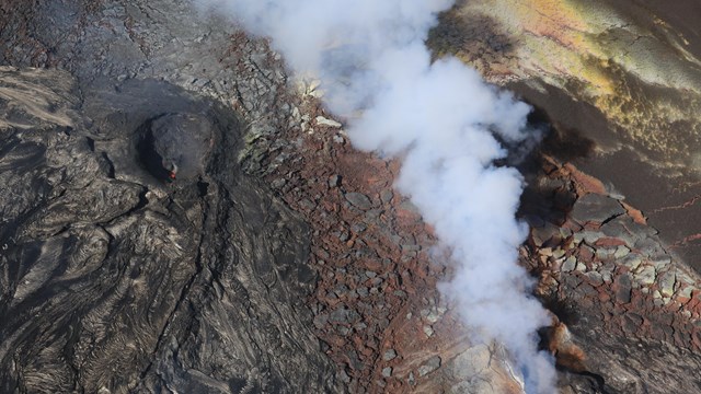 A ranger standing next to a sulfur dioxide monitor. 