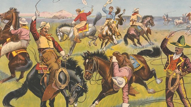 Colorful drawing of cowboys. 