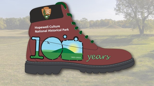 A hiking boot with the park's 100th anniversary logo on it with text to the right reading "years"
