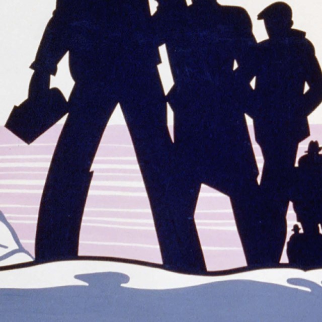 A poster with silhouetted figures walking to work.