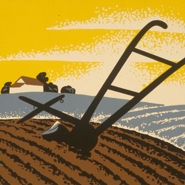 A poster image of a plow in a field.