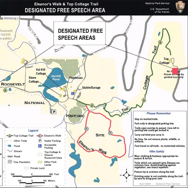 A map of the First Amendment Areas of the Eleanor Roosevelt and Top Cottage National Historic Sites.