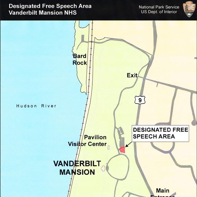 A map of the First Amendment Area of the Vanderbilt Mansion National Historic Site.