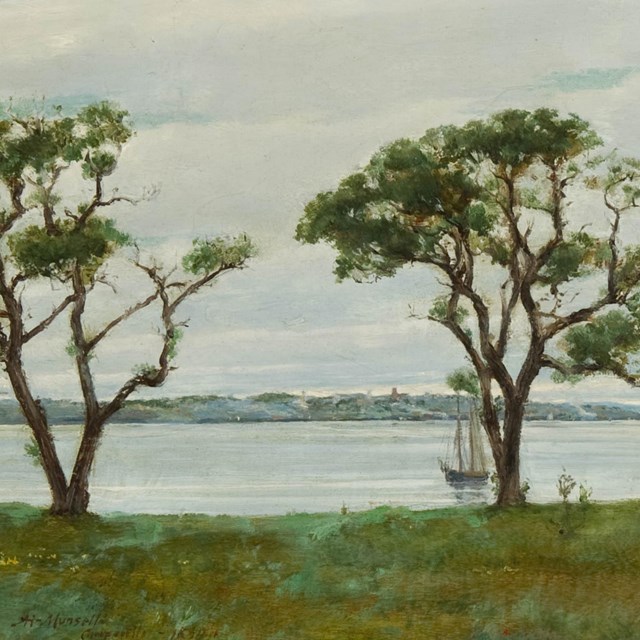 A painting of a shoreline with trees and a boat in the distance.