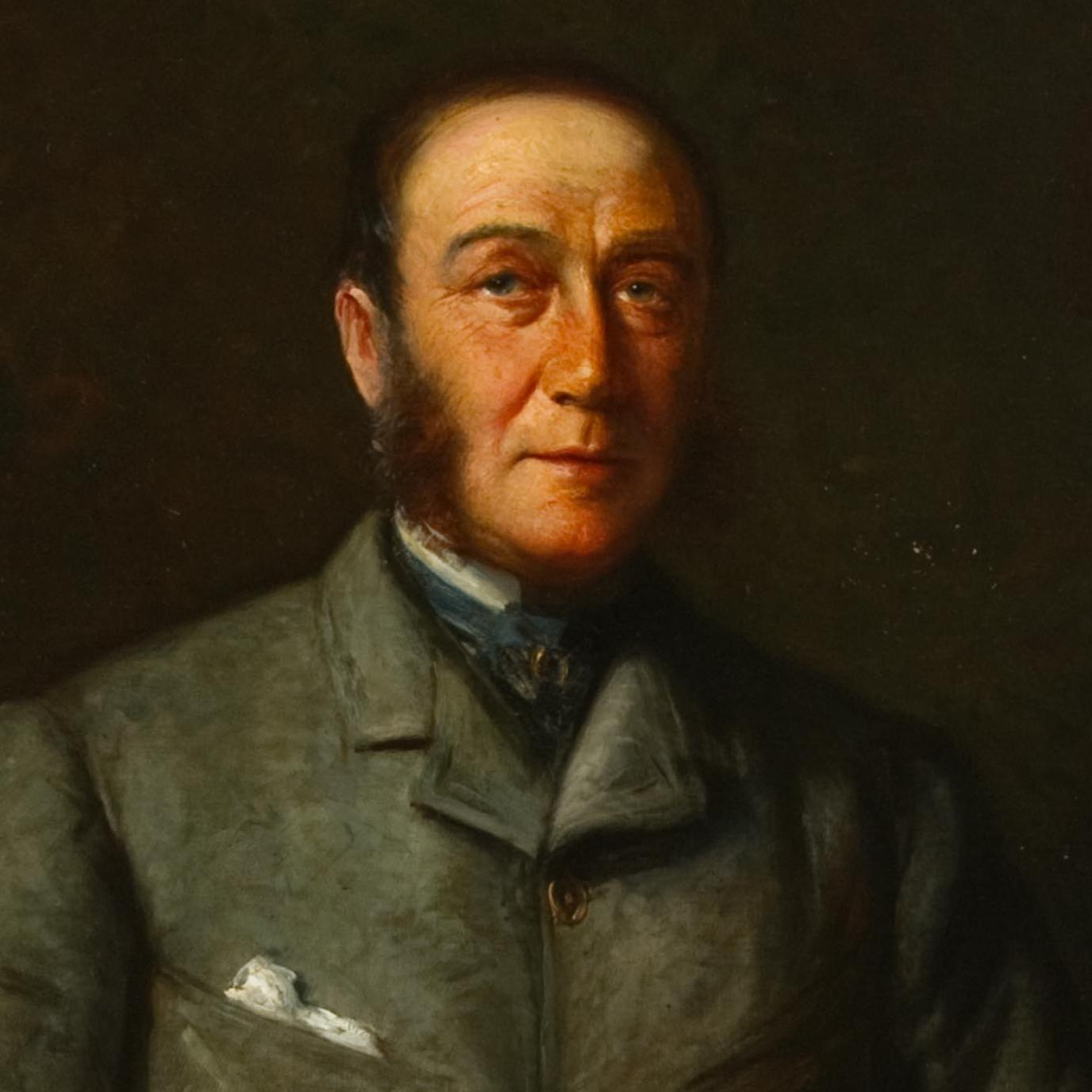 A painted portrait of a gentleman with a riding crop in his lap.