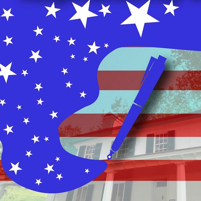 A graphic image of a white house behind red and white strips, an illustrated pen with stars