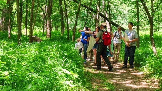 Seven visitors stand close to a uniformed park ranger in a green wooded area. Several hold nets.