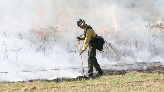 An NPS fireman working next to a prescribed burn