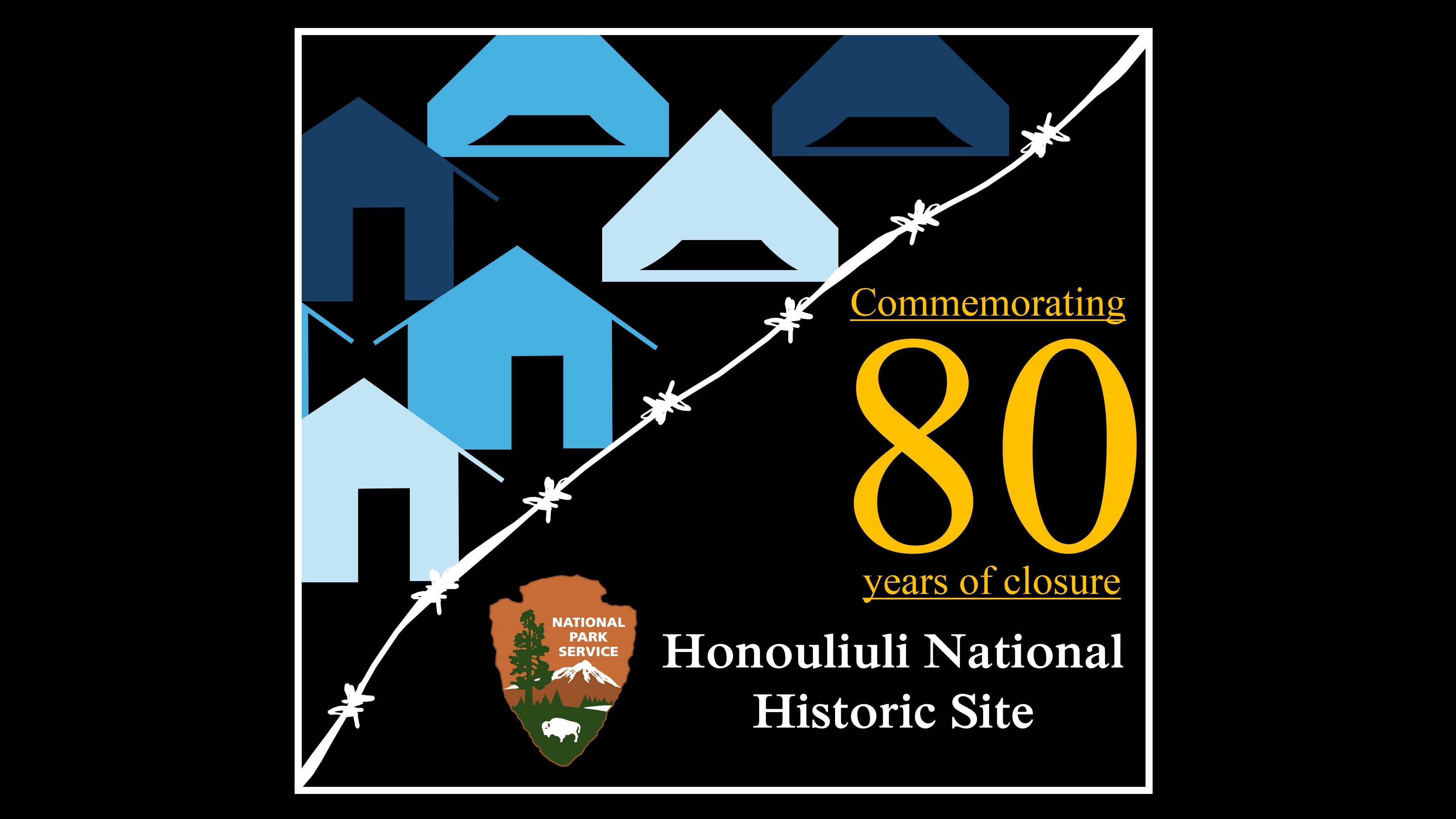 A black background with blue silhouettes of tents and barracks with the park's name and NPS logo