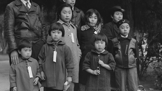 A family with tags and suitcases at their feet.