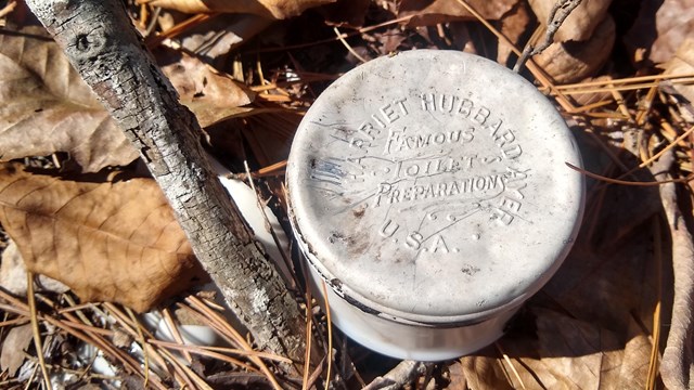 A silver pot with words on the lid lies on a bed of dried leaves and pine needles.