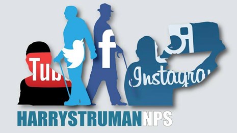 Silhouettes of Harry Truman labeled with social media icons