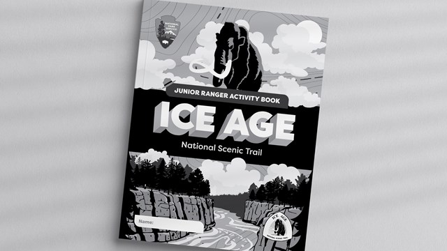 Photograph of Ice Age Junior Ranger Booklet cover in black and white.