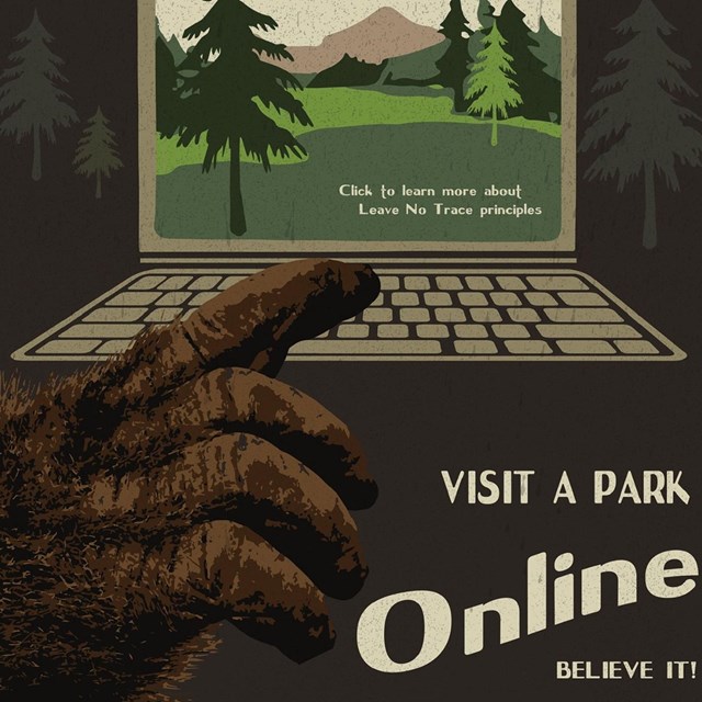 Sasquatch hand touching a laptop with text reading 