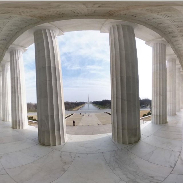 Flattened image of a memorial chamber with prominent columns and a statue of Abraham Lincoln