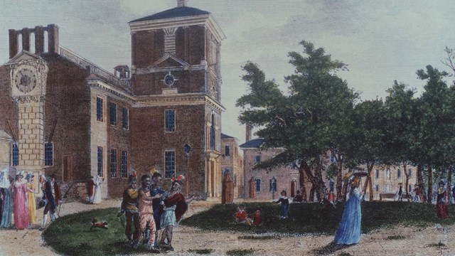 Print of Independence Square (1799) showing Native Americans and others strolling through the yard.